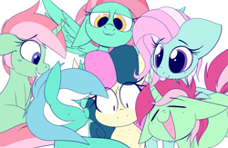 Size: 2517x1637 | Tagged: safe, artist:dragonpone, derpibooru exclusive, imported from derpibooru, bon bon, cotton mint, lyra heartstrings, mint julep, minty, minty breeze, minty bubblegum, sweetie drops, earth pony, pegasus, pony, unicorn, bipedal, bipedal leaning, blushing, eyes closed, female, floppy ears, flying, g3, g3 to g4, g4, generation leap, group, leaning, lesbian, lidded eyes, lip bite, looking down, lyrabon, mare, nervous, open mouth, open smile, pinpoint eyes, shipping, sitting, smiling, spread wings, sweat, tongue out, wings
