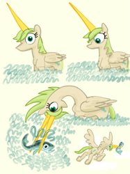 Size: 2249x3000 | Tagged: safe, artist:ja0822ck, imported from derpibooru, fish, pony, ambiguous race, beak, beak hold, beak horn, behaving like a bird, butt, comic, cyriak, fishing, flying, maybe salmon, not salmon, plot, wat, water