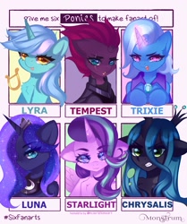 Size: 2572x3072 | Tagged: safe, artist:monstrum, imported from derpibooru, lyra heartstrings, princess luna, queen chrysalis, starlight glimmer, tempest shadow, trixie, alicorn, changeling, changeling queen, pony, unicorn, six fanarts, alicornified, female, race swap, starlicorn