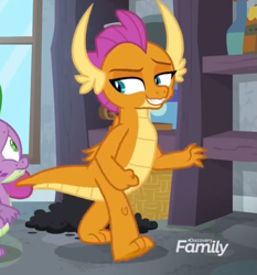 Size: 733x786 | Tagged: safe, imported from derpibooru, screencap, smolder, spike, dragon, molt down, season 8, spoiler:s08, discovery family, discovery family logo, dragoness, female, logo, solo focus