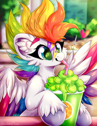 Size: 2000x2580 | Tagged: safe, artist:woonborg, imported from derpibooru, zipp storm, pegasus, pony, spoiler:g5, spoiler:my little pony: tell your tale, spoiler:tyts01e22, adorazipp, alternate hairstyle, cheek fluff, cute, drinking, drinking straw, ear fluff, female, floating heart, g5, happy, heart, makeup, mare, mohawk, multicolored hair, my little pony: tell your tale, rainbow hair, smoothie, solo, unshorn fetlocks, zipp's yes day