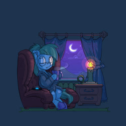 Size: 800x800 | Tagged: safe, artist:gor1ck, imported from derpibooru, oc, oc only, oc:whispy slippers, earth pony, pony, advertisement, armchair, bathrobe, candle, cellphone, clothes, commission, crescent moon, curtains, earbuds, glasses, moon, mug, phone, robe, slippers, smartphone, solo, window, ych example, your character here