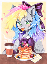 Size: 1739x2338 | Tagged: safe, artist:manekoart, imported from derpibooru, oc, oc only, oc:blazey sketch, pegasus, pony, blueberry, bow, clothes, coffee, cute, ear fluff, food, green eyes, grey fur, hair bow, heart, long hair, multicolored hair, pancakes, pastel, pegasus oc, solo, strawberry, sweater