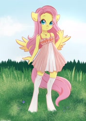 Size: 2480x3508 | Tagged: safe, artist:cloud_up, artist:cottonaime, imported from derpibooru, fluttershy, anthro, pegasus, unguligrade anthro, clothes, collaboration, cute, dress, high res, jewelry, looking at you, outdoors, pendant, shyabetes, socks, solo, spread wings, stockings, sundress, thigh highs, wings