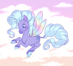 Size: 1100x1000 | Tagged: safe, artist:generalghosty, imported from derpibooru, flutter pony, pony, cloud, cute, eyelashes, female, flying, forget me not can fly, forget-me-not, forgetmedorable, g1, hooves, mare, sky, smiling, solo, tail, unshorn fetlocks, wings