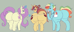 Size: 1500x668 | Tagged: safe, artist:weasselk, imported from derpibooru, oc, oc:charitable nature, oc:creamy clouds, oc:sparkling apples, earth pony, pegasus, pony, unicorn, blushing, bow, butt, coffee, commissioner:bigonionbean, embarrassed, female, flank, fusion, fusion:apple bloom, fusion:bow hothoof, fusion:dinky hooves, fusion:fluttershy, fusion:gentle breeze, fusion:rarity, hair bow, huge butt, large butt, magic, male, mare, measuring, measuring tape, not an alicorn, plot, shocked, stallion, the ass was fat, writer:bigonionbean