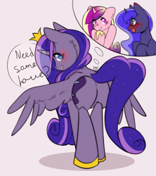 Size: 2209x2489 | Tagged: safe, artist:pledus, imported from derpibooru, princess cadance, princess luna, oc, oc:princess luminescent love, alicorn, pony, alicorn oc, blushing, butt, commissioner:bigonionbean, cutie mark, dialogue, embarrassed, ethereal mane, female, flank, fusion, fusion:princess cadance, fusion:princess luna, horn, jewelry, looking at you, lovebutt, mare, moonbutt, plot, regalia, spread wings, thought bubble, wings, writer:bigonionbean