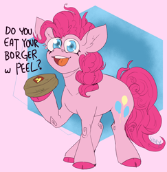 Size: 1832x1885 | Tagged: safe, artist:cinnamonsparx, imported from derpibooru, pinkie pie, earth pony, pony, bag, cloven hooves, hoof hold, meme, paper bag, raised hoof, solo