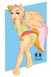 Size: 2894x4341 | Tagged: safe, artist:panda-man90, imported from derpibooru, oc, oc:learning curve, anthro, earth pony, pegasus, unguligrade anthro, ass, butt, clothes, commissioner:bigonionbean, cutie mark, cutie mark on anthro, female, fusion, fusion:cheerilee, fusion:spitfire, looking at you, looking back, mare, one-piece swimsuit, pigtails, skirt, skirt lift, solo, swimsuit, wings, writer:bigonionbean