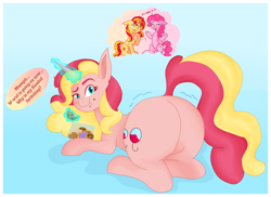 Size: 7072x5152 | Tagged: safe, artist:moonsacher, imported from derpibooru, pinkie pie, sunset shimmer, oc, oc:sunbutter cookies, earth pony, pony, unicorn, bag, butt, butt shake, candy, commissioner:bigonionbean, cookie, dialogue, eating, female, flank, food, fusion, fusion:pinkie pie, fusion:sunset shimmer, horn, looking at you, lying down, magic, mare, pinkie sense, plot, prone, sweets, thought bubble, writer:bigonionbean