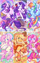 Size: 1286x2048 | Tagged: safe, artist:千雲九枭, imported from derpibooru, applejack, fluttershy, pinkie pie, rainbow dash, rarity, twilight sparkle, alicorn, earth pony, pegasus, pony, unicorn, clothes, collar, female, flower, flower in hair, looking at you, mane six, mare, one eye closed, patch, pillow, rose, socks