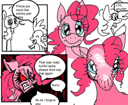 Size: 640x524 | Tagged: safe, artist:dhovorei, imported from derpibooru, pinkie pie, spike, dragon, earth pony, pony, >:), angry, blue eyes, comic, duo, ears back, ms paint, red eyes, shadow, simple background, smiley face, speech bubble