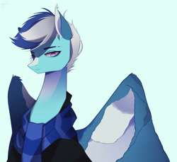 Size: 2118x1943 | Tagged: safe, artist:clefficia, imported from derpibooru, oc, oc:wind storm, pegasus, pony, blue background, clothes, male, scarf, simple background, solo, stallion