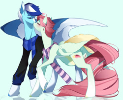 Size: 2118x1736 | Tagged: safe, artist:clefficia, imported from derpibooru, oc, oc only, oc:celestial star, oc:wind storm, pegasus, pony, clothes, duo, female, kissing, male, mare, scarf, simple background, stallion