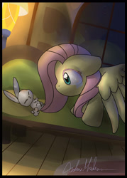 Size: 1500x2100 | Tagged: safe, artist:nerow94, imported from derpibooru, angel bunny, fluttershy, pegasus, pony, rabbit, animal, duo, female, floppy ears, indoors, looking at someone, looking down, mare, spread wings, teary eyes, wings, wings down, worried