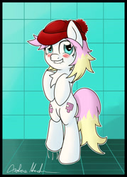 Size: 1500x2100 | Tagged: safe, artist:nerow94, imported from derpibooru, oc, oc only, earth pony, pony, bipedal, blushing, both cutie marks, chest fluff, cyan eyes, earth pony oc, eyelashes, female, hat, lip bite, looking at you, mare, oc name needed, pink mane, pink tail, pony oc, raised hoof, solo, tail, white coat, yellow mane, yellow tail