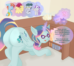 Size: 6432x5712 | Tagged: safe, artist:moonsacher, imported from derpibooru, cloudy quartz, posey shy, twilight velvet, windy whistles, oc, oc:earthing elements, alicorn, earth pony, pegasus, pony, unicorn, alicorn oc, baking, blushing, butt, commissioner:bigonionbean, egg, embarrassed, female, flank, flour, food, fusion, fusion:cloudy quartz, fusion:posey shy, fusion:twilight velvet, fusion:windy whistles, glasses, horn, kitchen, large butt, looking at you, magic, mare, plot, salt, talking to viewer, thought bubble, wings, writer:bigonionbean