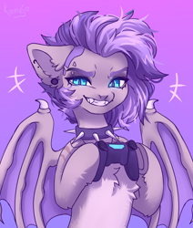 Size: 3000x3542 | Tagged: safe, artist:konejo, imported from derpibooru, oc, oc only, oc:poisoned calluna, bat, bat pony, pony, chest fluff, collar, controller, dualshock controller, ear fluff, ear piercing, eyebrow piercing, fangs, female, piercing, playstation, playstation 4, smiling, solo, spiked collar, spread wings, wings