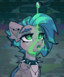 Size: 269x320 | Tagged: safe, artist:radioaxi, edit, imported from derpibooru, oc, oc only, oc:poisoned calluna, bat pony, pony, animated, bat pony oc, bust, can, choker, color cycling, cross, drink, female, gif, high res, inverted cross, jewelry, mare, monster energy, necklace, open mouth, seizure warning, signature, solo, spiked choker
