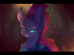 Size: 2000x1500 | Tagged: safe, artist:umimizunone, imported from derpibooru, tempest shadow, pony, unicorn, armor, broken horn, ear fluff, eye scar, eyelashes, female, horn, looking at you, scar, solo, tail