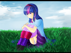 Size: 1200x900 | Tagged: safe, artist:umimizunone, imported from derpibooru, twilight sparkle, human, equestria girls, clothes, female, grass, human coloration, panties, socks, solo, stockings, thigh highs, underwear