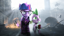 Size: 7680x4320 | Tagged: safe, artist:lagmanor, imported from derpibooru, spike, twilight sparkle, alicorn, dragon, 3d, absurd file size, absurd resolution, bag, blurry background, book, building, burning, city, city 17, cityscape, combine, crepuscular rays, crossover, crowbar, debris, dirt, dirty, dust, ears, eyebrows, fire, fog, glasses, half-life, helicopter, hev suit, holding, horn, lambda, looking sideways, magic, magic aura, mane, ruins, sad, scared, source filmmaker, sunlight, telekinesis
