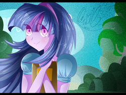 Size: 1500x1125 | Tagged: safe, artist:umimizunone, imported from derpibooru, twilight sparkle, human, equestria girls, book, female, smiling, solo