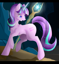 Size: 2000x2181 | Tagged: safe, artist:umimizunone, imported from derpibooru, starlight glimmer, pony, unicorn, evil grin, female, glowing, glowing horn, grin, high res, horn, magic, magic aura, mare, raised hoof, s5 starlight, smiling, solo, staff, staff of sameness, telekinesis