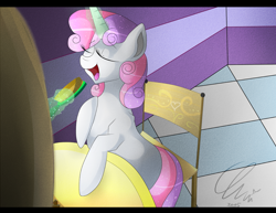 Size: 1100x850 | Tagged: safe, artist:umimizunone, imported from derpibooru, sweetie belle, pony, unicorn, blank flank, brush, chair, cute, diasweetes, eyes closed, female, glowing, glowing horn, hairbrush, horn, levitation, magic, open mouth, singing, solo, sweetie belle's magic brings a great big smile, telekinesis