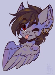 Size: 1489x2047 | Tagged: safe, artist:falafeljake, imported from derpibooru, oc, oc only, oc:aliceg, pegasus, pony, ;p, bust, cute, ear piercing, forked tongue, ocbetes, one eye closed, piercing, solo, tongue out, wings, wink