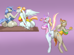 Size: 2000x1500 | Tagged: safe, artist:lurking tyger, imported from derpibooru, oc, oc only, oc:clumsy carrot, oc:dental authority, oc:exquisite attire, oc:instant care, anthro, earth pony, pegasus, unguligrade anthro, unicorn, ass, big breasts, blushing, breasts, butt, butt bump, butt to butt, butt touch, cake, candy, clothes, commissioner:bigonionbean, dessert, eating, embarrassed, female, flank, food, fusion, fusion:carrot top, fusion:derpy hooves, fusion:fleur-de-lis, fusion:golden harvest, fusion:lightning dust, fusion:mayor mare, fusion:nurse redheart, fusion:sassy saddles, glasses, gloves, hair bun, huge butt, implied tail hole, large butt, levitation, magic, mare, maw, one-piece swimsuit, open mouth, shocked, shocked expression, sitting, surprised, sweets, swimsuit, tail, telekinesis, the ass was fat, wall of tags, wide hips, writer:bigonionbean