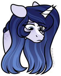 Size: 578x718 | Tagged: safe, artist:pink-pone, imported from derpibooru, oc, oc only, oc:moonlight melody, pony, unicorn, bags under eyes, broken horn, bust, eye clipping through hair, eyebrows, eyebrows visible through hair, female, frown, horn, looking down, mare, simple background, solo, transparent background, unicorn oc