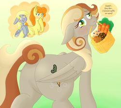 Size: 6744x6016 | Tagged: safe, artist:moonsacher, imported from derpibooru, carrot top, derpy hooves, golden harvest, oc, oc:clumsy carrot, earth pony, pegasus, pony, basket, carrot, commissioner:bigonionbean, embarrassed, female, food, fusion, fusion:carrot top, fusion:derpy hooves, fusion:golden harvest, looking at you, looking back, mare, muffin, shocked, thought bubble, writer:bigonionbean