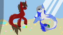 Size: 1800x1000 | Tagged: safe, artist:ahaintthatbad, imported from derpibooru, oc, oc only, hybrid, merpony, pony, seapony (g4), unicorn, annoyed, dorsal fin, female, fins, fish tail, flowing mane, horn, looking at each other, looking at someone, male, mare, seaponified, smiling, species swap, stallion, tail, teeth, underwater, water