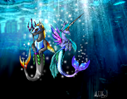 Size: 1860x1454 | Tagged: safe, artist:hills-to-sky, imported from derpibooru, oc, oc only, hybrid, merpony, pony, seapony (g4), unicorn, armor, bubble, crepuscular rays, digital art, dorsal fin, female, fins, fish tail, guard, helmet, horn, jewelry, long horn, male, mare, mermaid tail, necklace, ocean, pearl necklace, signature, stallion, sunlight, tail, trident, underwater, water