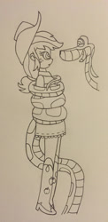 Size: 1496x3071 | Tagged: safe, artist:lunahazacookie, imported from derpibooru, applejack, human, equestria girls, boots, coils, duo, female, hat, hypno eyes, kaa, kaa eyes, lineart, male, shoes, traditional art