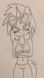 Size: 1690x2959 | Tagged: safe, artist:lunahazacookie, imported from derpibooru, dj pon-3, vinyl scratch, anthro, clothes, crossed arms, eyelashes, female, lineart, smiling, solo, sunglasses, traditional art