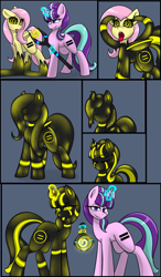 Size: 2399x4096 | Tagged: safe, artist:askhypnoswirl, imported from derpibooru, fluttershy, starlight glimmer, goo, goo pony, original species, pegasus, pony, unicorn, :p, ahegao, character to character, cloning, comic, duo, ear penetration, equal cutie mark, equalized, eyebrows, eyebrows visible through hair, eyes closed, eyes rolling back, female, folded wings, glowing, glowing horn, high res, horn, hypno eyes, hypnoshy, hypnosis, hypnotized, kaa eyes, levitation, lidded eyes, literal mindfuck, looking at you, magic, mare, no eyes, no mouth, open mouth, penetration, potion, race swap, s5 starlight, self paradox, self ponidox, simple background, smiling, smirk, telekinesis, tongue out, transformation, transformation sequence, twinning, wings, yellow eyes