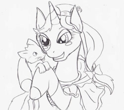 Size: 800x710 | Tagged: safe, artist:binikastar, imported from derpibooru, oc, cat, pony, unicorn, bow, duo, eyelashes, female, grin, hat, horn, lineart, mare, smiling, traditional art, unicorn oc