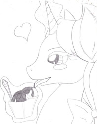Size: 600x766 | Tagged: safe, artist:binikastar, imported from derpibooru, oc, oc only, pony, unicorn, blush sticker, blushing, female, food, glowing, glowing horn, heart, horn, ice cream, licking, lineart, magic, mare, solo, telekinesis, tongue out, traditional art, unicorn oc