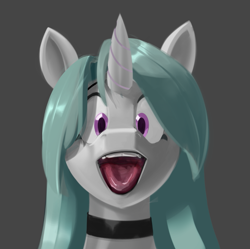 Size: 953x951 | Tagged: safe, artist:zeplich, imported from twibooru, oc, oc:meander, pony, unicorn, bust, choker, image, looking at you, open mouth, png, portrait, simple background