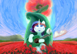 Size: 2715x1920 | Tagged: safe, imported from twibooru, pony, unicorn, bow, flower, flower field, flower in hair, guitar, image, musical instrument, png, sky, solo