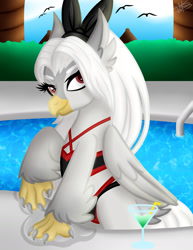 Size: 1280x1658 | Tagged: safe, artist:princessmoonsilver, imported from derpibooru, oc, oc only, oc:viktoria, bird, classical hippogriff, hippogriff, bow, clothes, commission, drink, female, hair bow, hair bun, looking at you, poolside, solo, straw, swimming pool, swimsuit, ych result, your character here