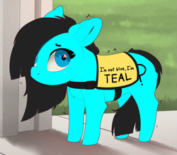 Size: 1623x1413 | Tagged: safe, artist:evehly, edit, editor:edits of hate, imported from twibooru, oc, oc only, oc:filly anon, pony, communicoat, female, filly, ponified animal photo, service dog, solo, teal