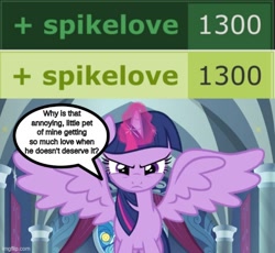 Size: 544x500 | Tagged: safe, editor:spikeabuser, imported from twibooru, spike, twilight sparkle, alicorn, pony, angry, female, image, needs more jpeg, reaction image, twilight is not amused, twilight sparkle (alicorn), unamused