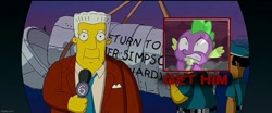 Size: 1203x500 | Tagged: safe, edit, edited screencap, editor:spikeabuser, imported from twibooru, screencap, spike, dragon, abuse, crossover, episode needed, image, kent brockman, male, needs more jpeg, scared, spikeabuse, the simpsons, the simpsons movie