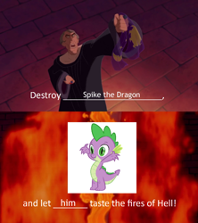 Size: 500x562 | Tagged: safe, editor:spikeabuser, imported from twibooru, spike, dragon, abuse, crossover, disney, hellfire, image, judge claude frollo, male, op is not even trying, op is on drugs, png, reference, spikeabuse