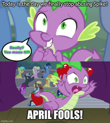 Size: 500x560 | Tagged: safe, edit, edited screencap, editor:spikeabuser, imported from twibooru, screencap, spike, dragon, horse play, it ain't easy being breezies, abuse, april fools, april fools 2022, april fools day, booing, food, image, male, png, speech bubble, spikeabuse, stage, text, tomato, tomatoes