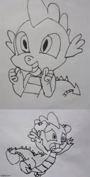 Size: 305x600 | Tagged: safe, artist:spikeabuser, imported from ponybooru, spike, dragon, abuse, black and white, drawing, food, grayscale, image, male, monochrome, needs more jpeg, spikeabuse, tomato, tomatoes