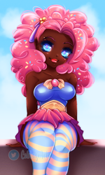 Size: 600x1002 | Tagged: safe, artist:cabbage-arts, imported from derpibooru, pinkie pie, human, alternate hairstyle, breasts, busty pinkie pie, clothes, dark skin, eyebrow piercing, female, humanized, lipstick, piercing, skirt, socks, solo, striped socks